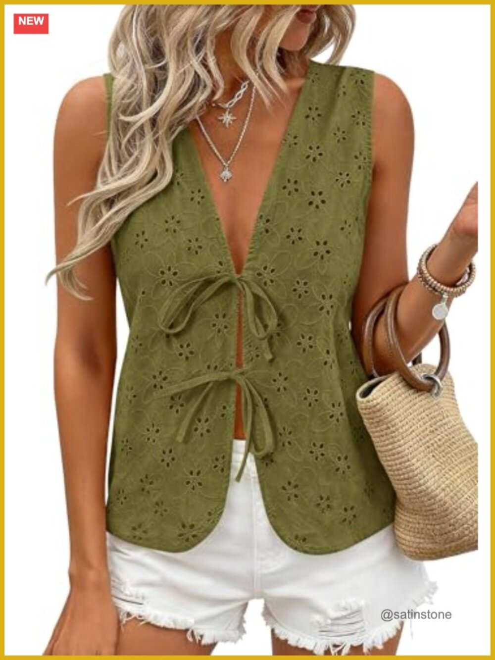 Women's Eyelet Lace Tie Front Sleeveless Vest Tank Top Boho Summer Cotton